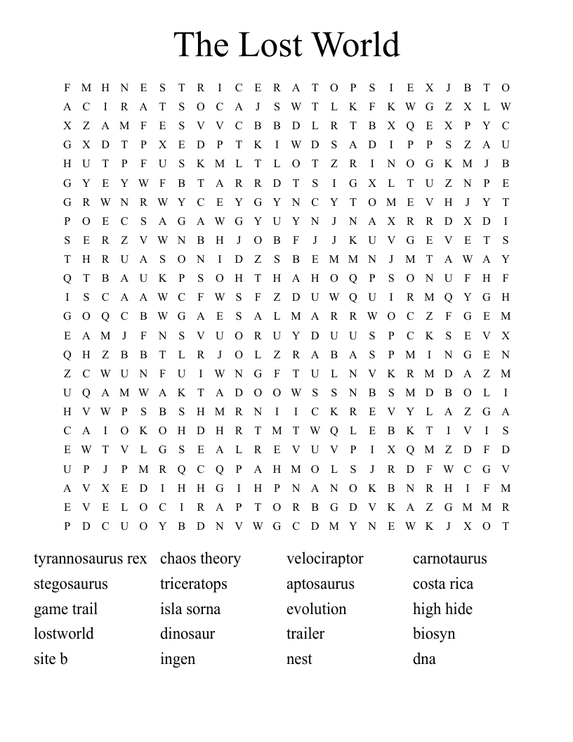 The Lost World Word Search