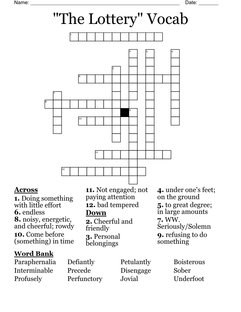 "The Lottery" Vocab Crossword