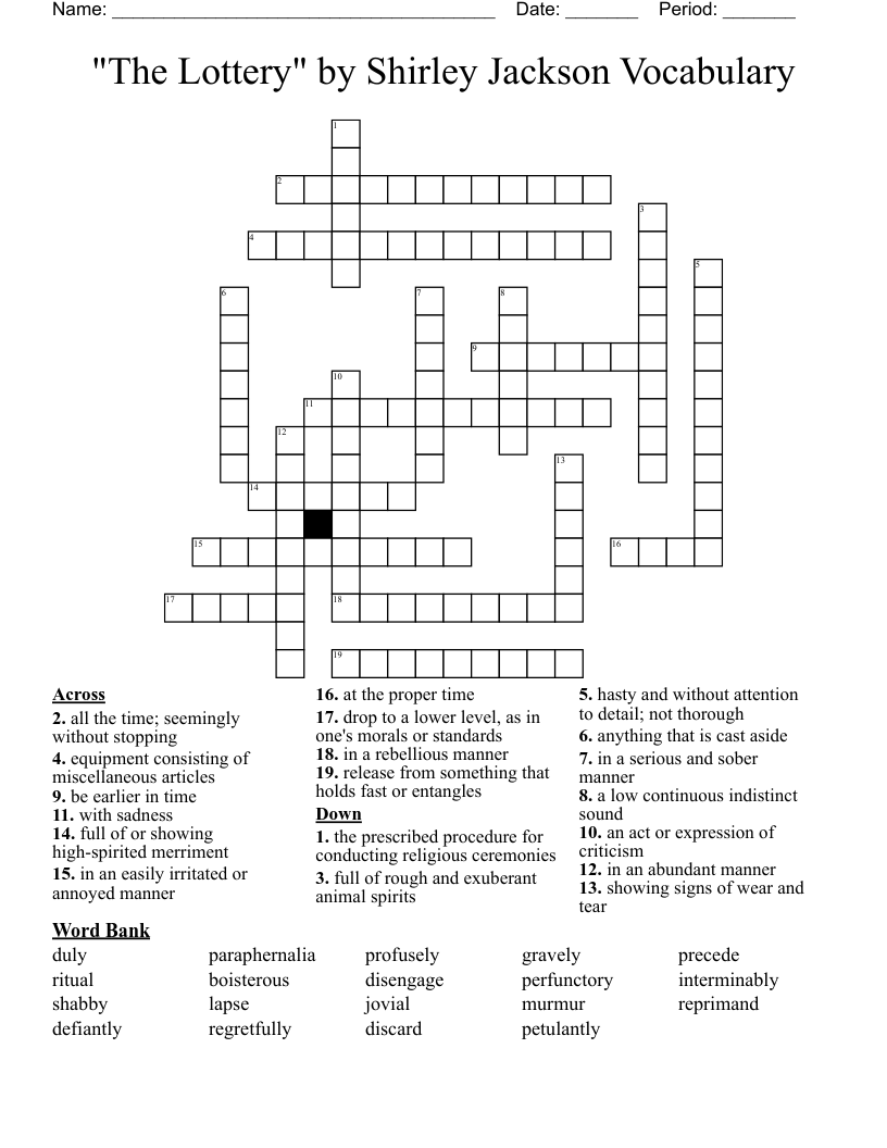 "The Lottery" by Shirley Jackson Vocabulary Crossword