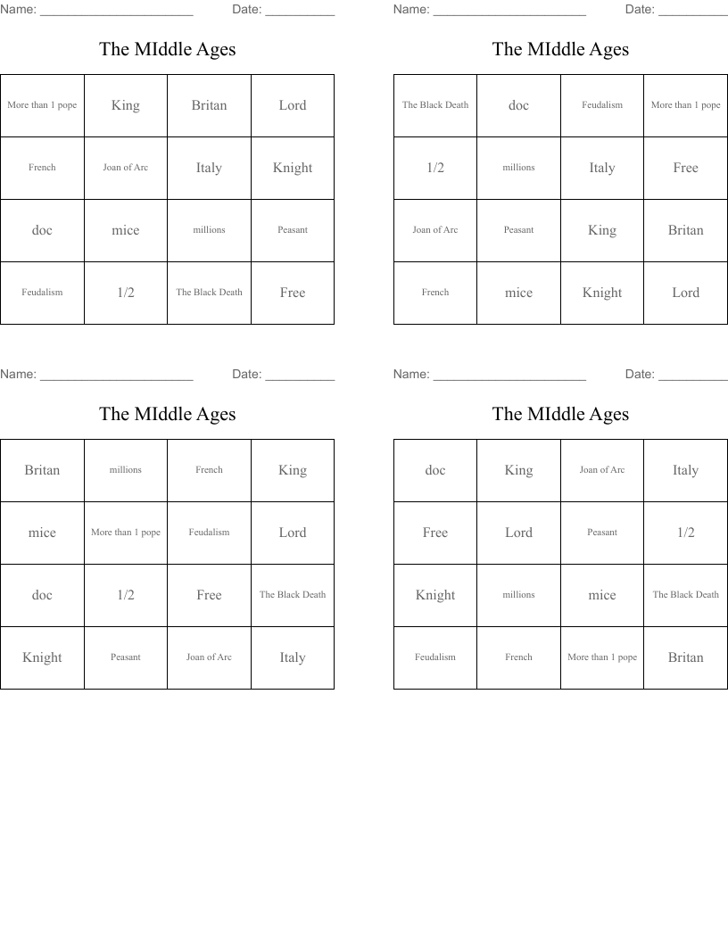 The MIddle Ages Bingo Cards