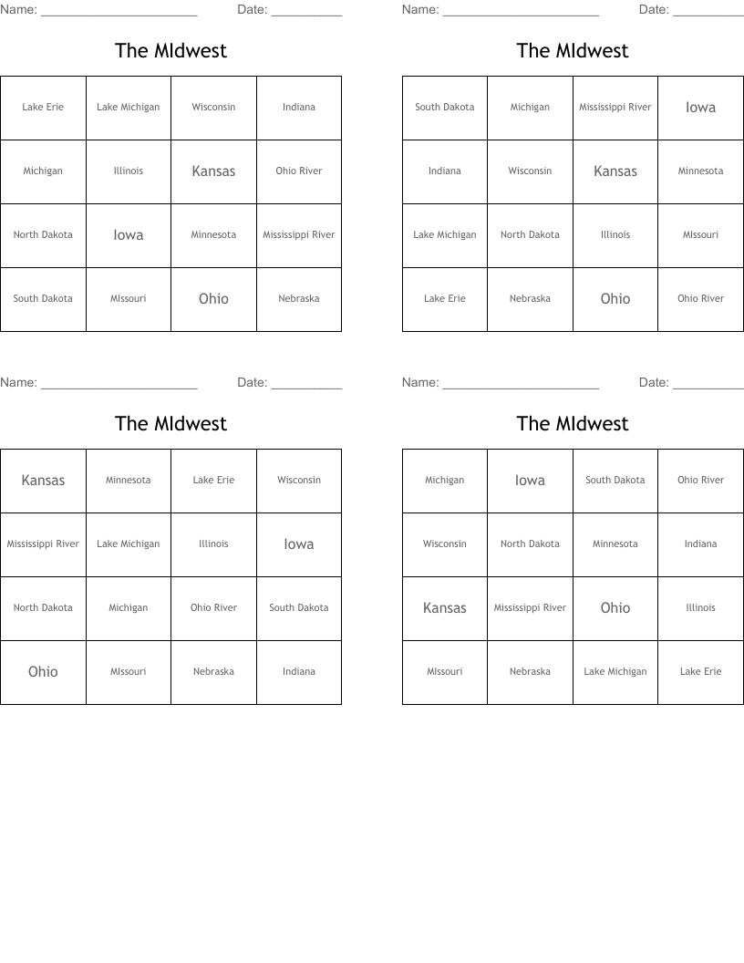 The MIdwest Bingo Cards