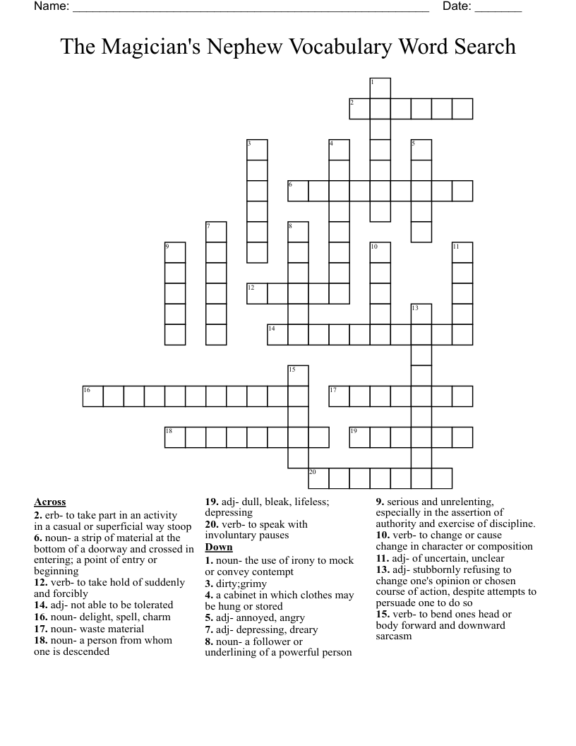 The Magician's Nephew Vocabulary Word Search Crossword