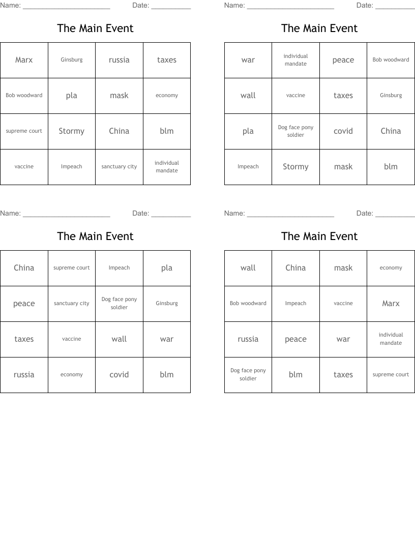The Main Event Bingo Cards