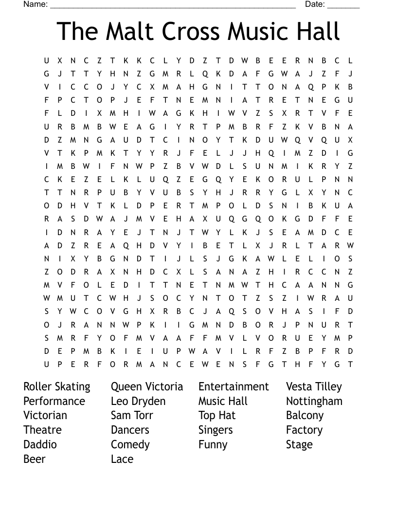 The Malt Cross Music Hall Word Search