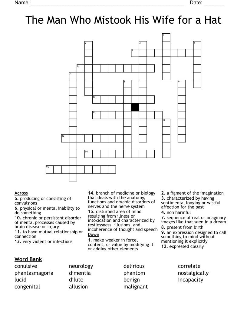 The Man Who Mistook His Wife for a Hat Crossword