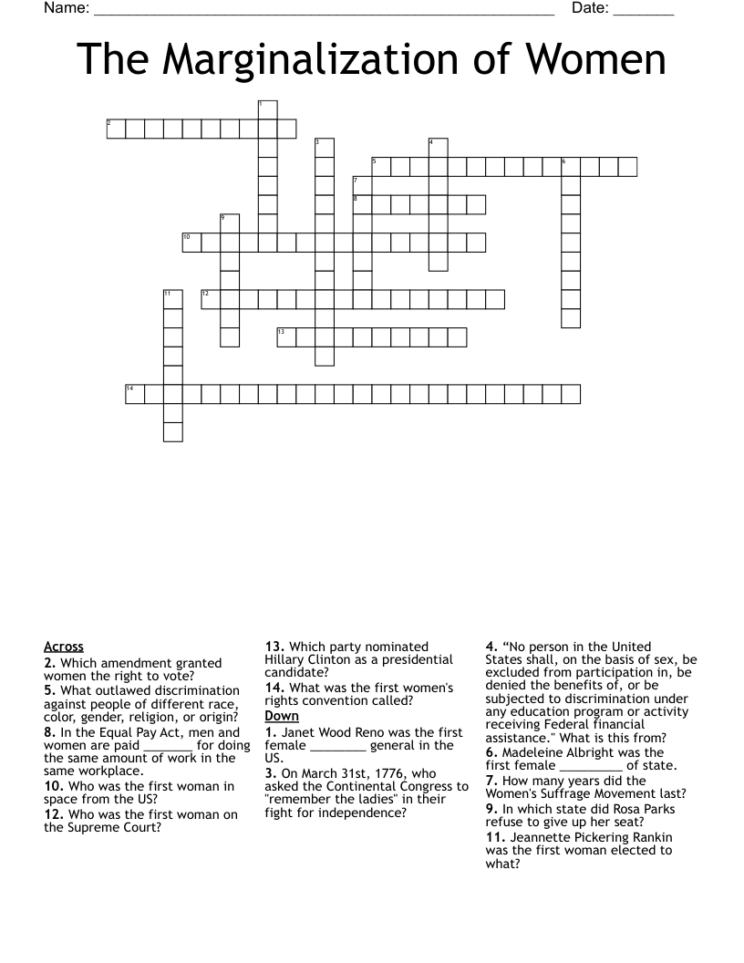 The Marginalization of Women Crossword