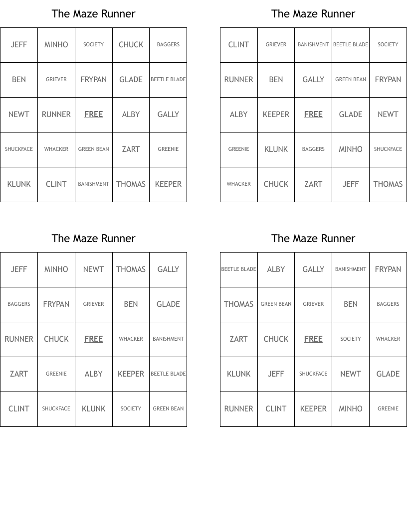 The Maze Runner Bingo Cards
