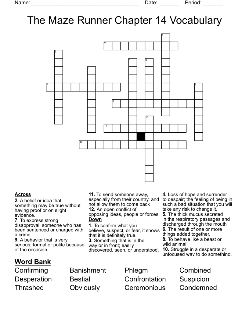 The Maze Runner Chapter 14 Vocabulary  Crossword