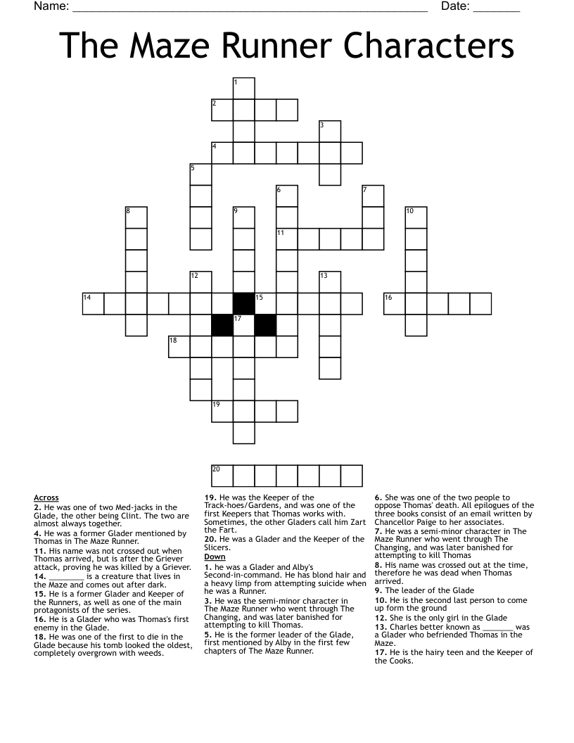 The Maze Runner Characters Crossword