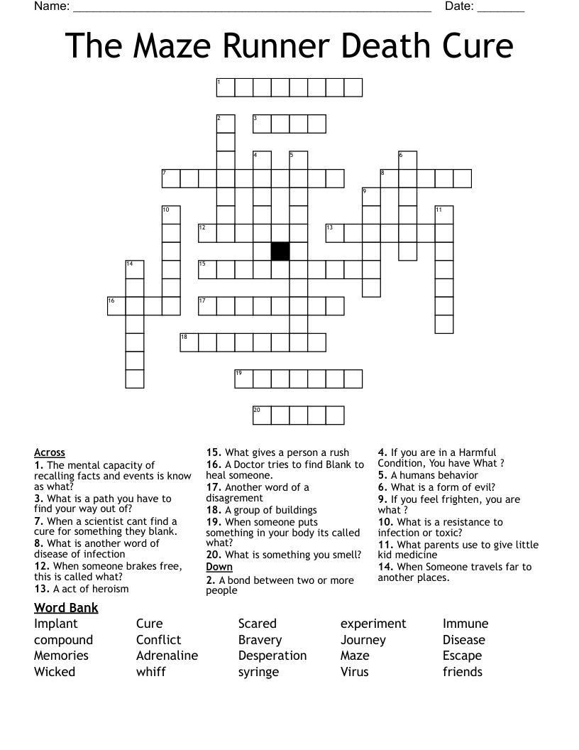 The Maze Runner Death Cure  Crossword