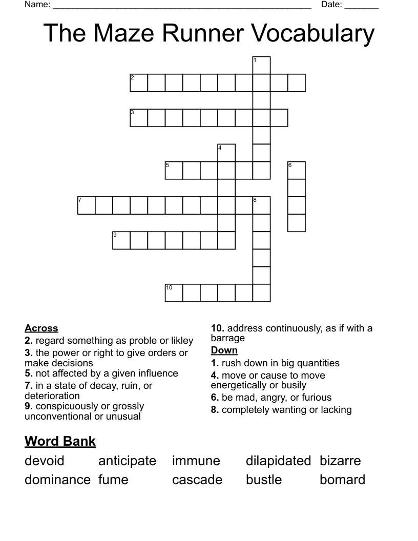 The Maze Runner Vocabulary Crossword