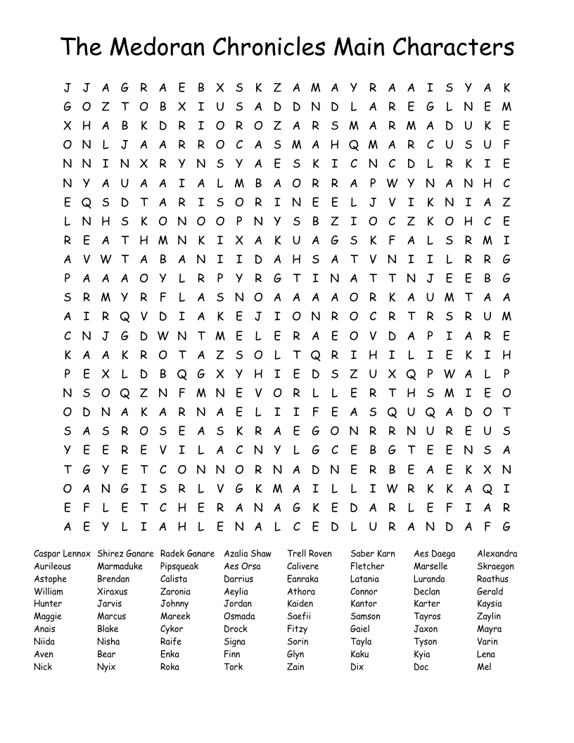 The Medoran Chronicles Main Characters Word Search