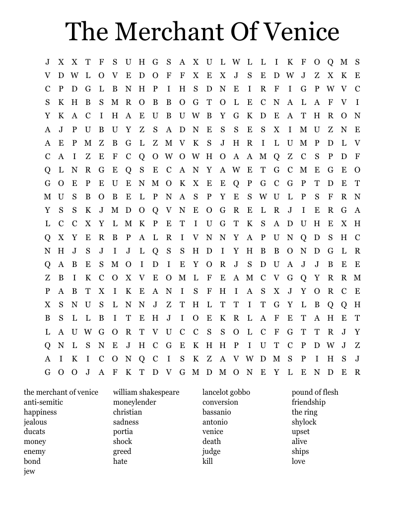 The Merchant Of Venice  Word Search