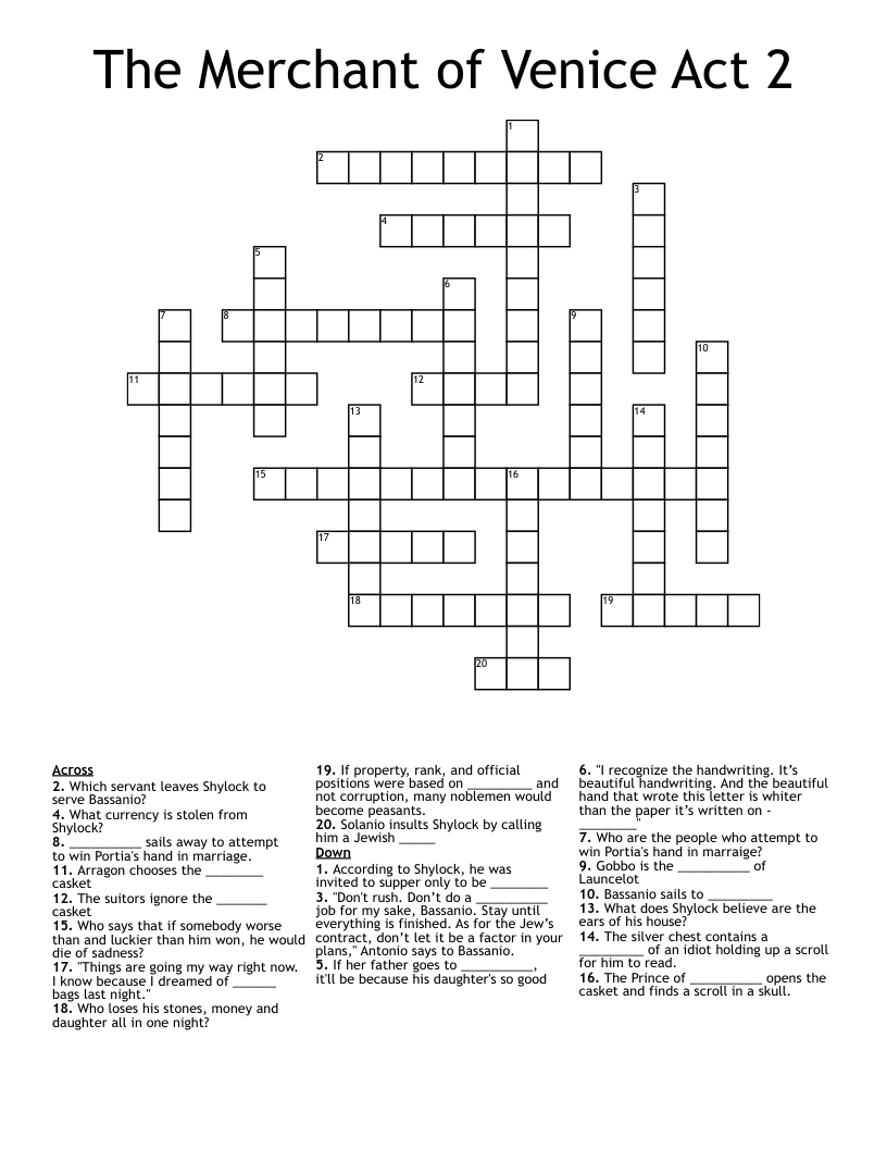 The Merchant of Venice Act 2 Crossword