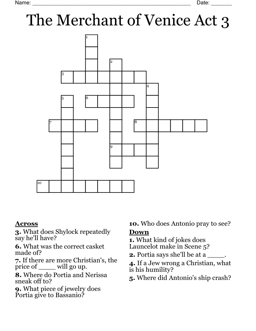 The Merchant of Venice Act 3 Crossword