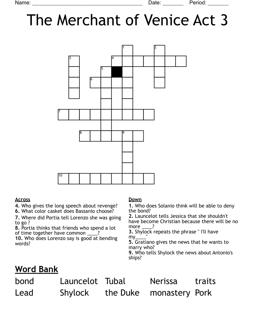 The Merchant of Venice Act 3 Crossword
