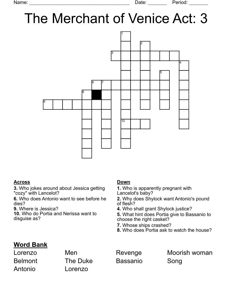 The Merchant of Venice Act: 3 Crossword