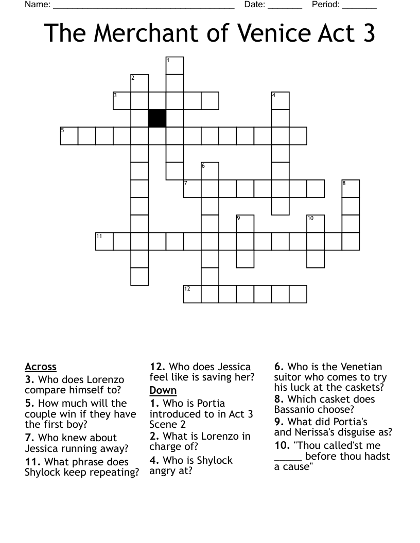The Merchant of Venice Act 3 Crossword