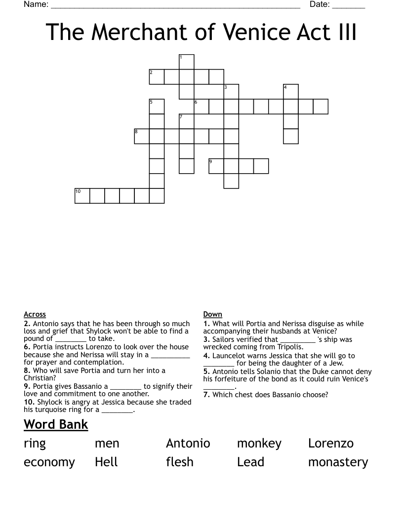 The Merchant of Venice Act III  Crossword