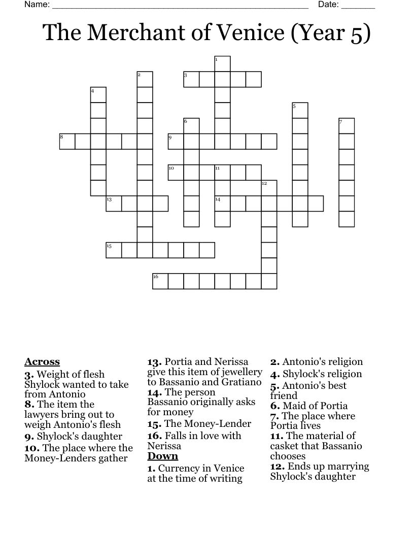 The Merchant of Venice (Year 5) Crossword