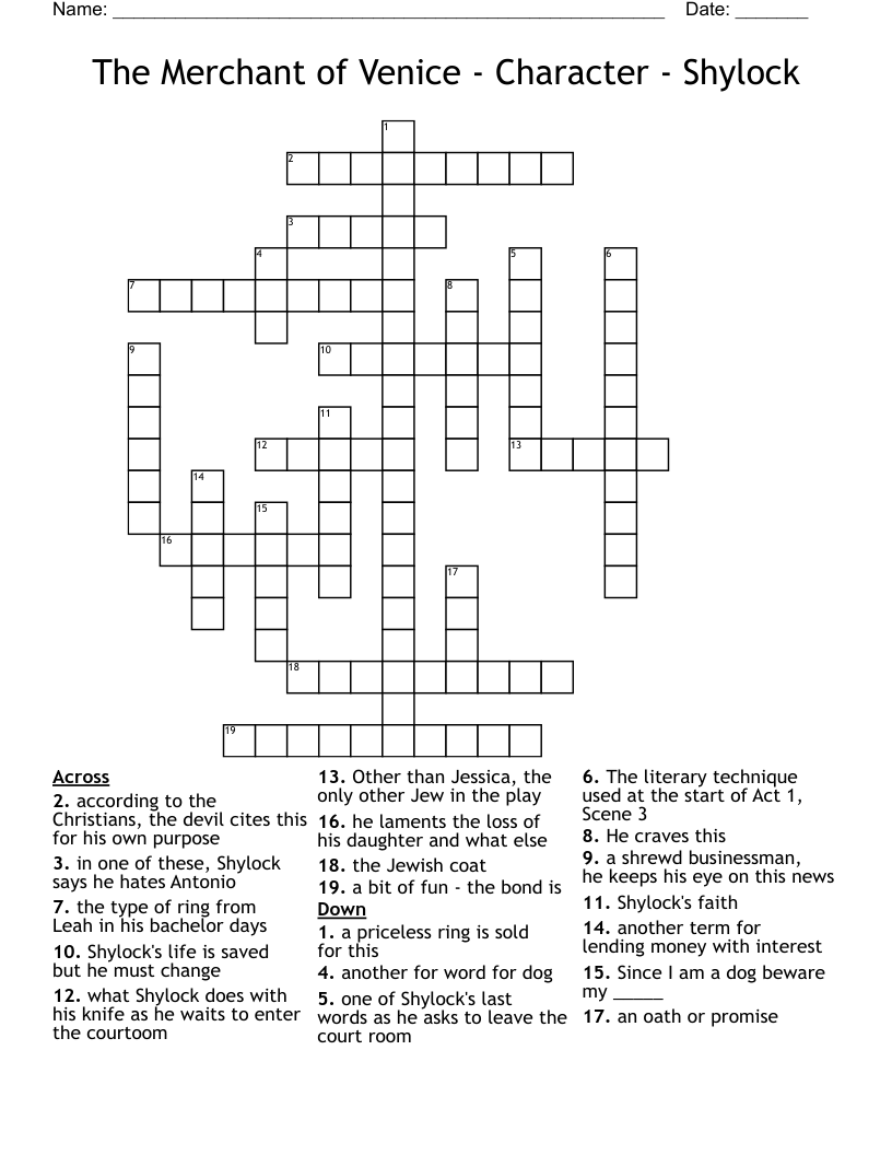 The Merchant of Venice - Character - Shylock Crossword