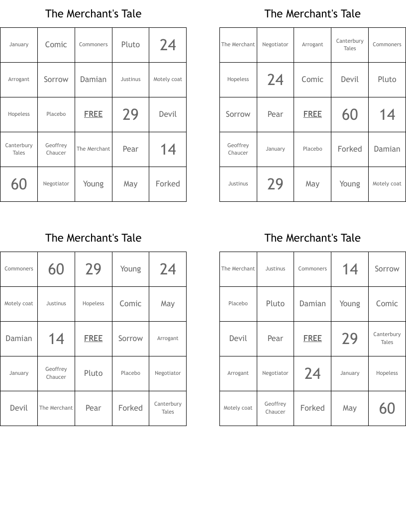 The Merchant's Tale Bingo Cards