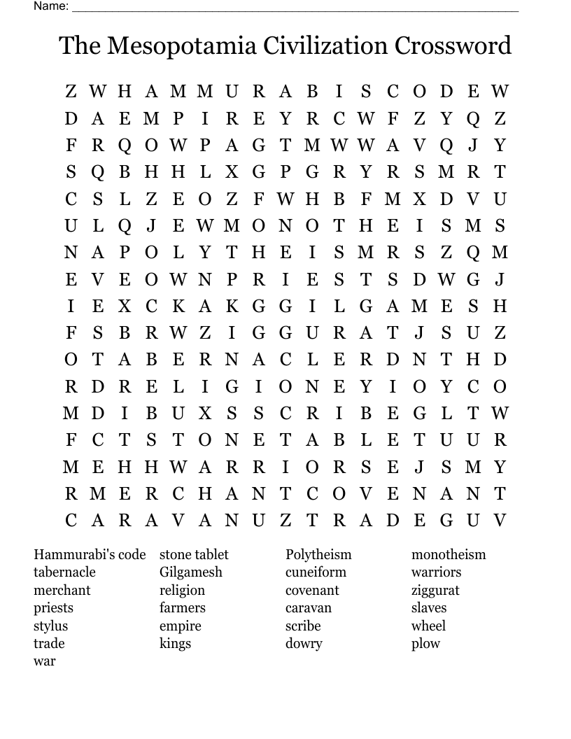 The Mesopotamia Civilization Crossword Word Search
