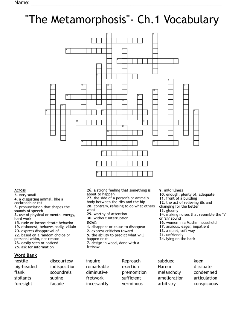 "The Metamorphosis"- Ch.1 Vocabulary Crossword