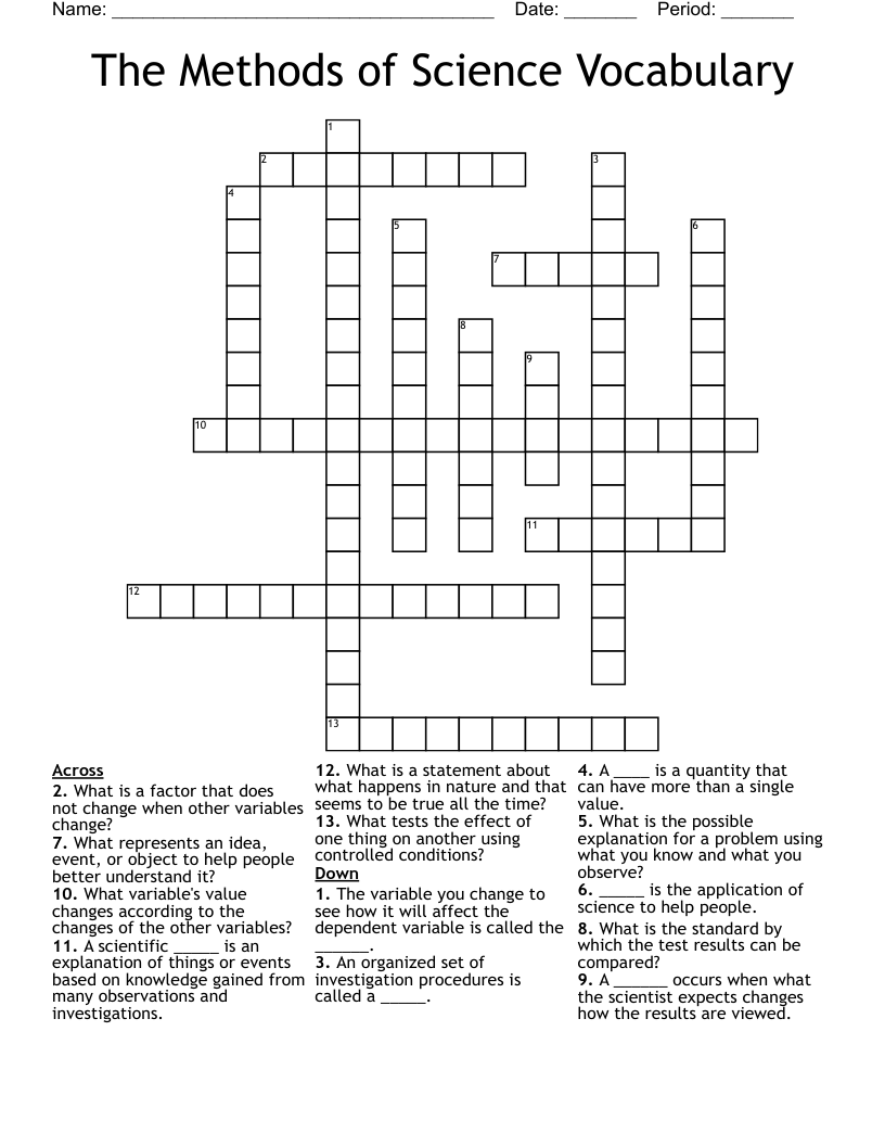 The Methods of Science Vocabulary Crossword