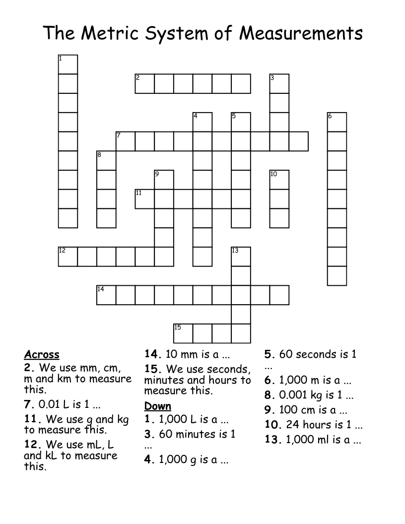The Metric System of Measurements Crossword