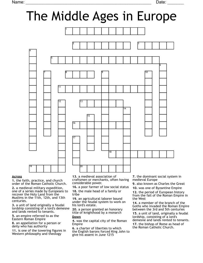 The Middle Ages in Europe  Crossword