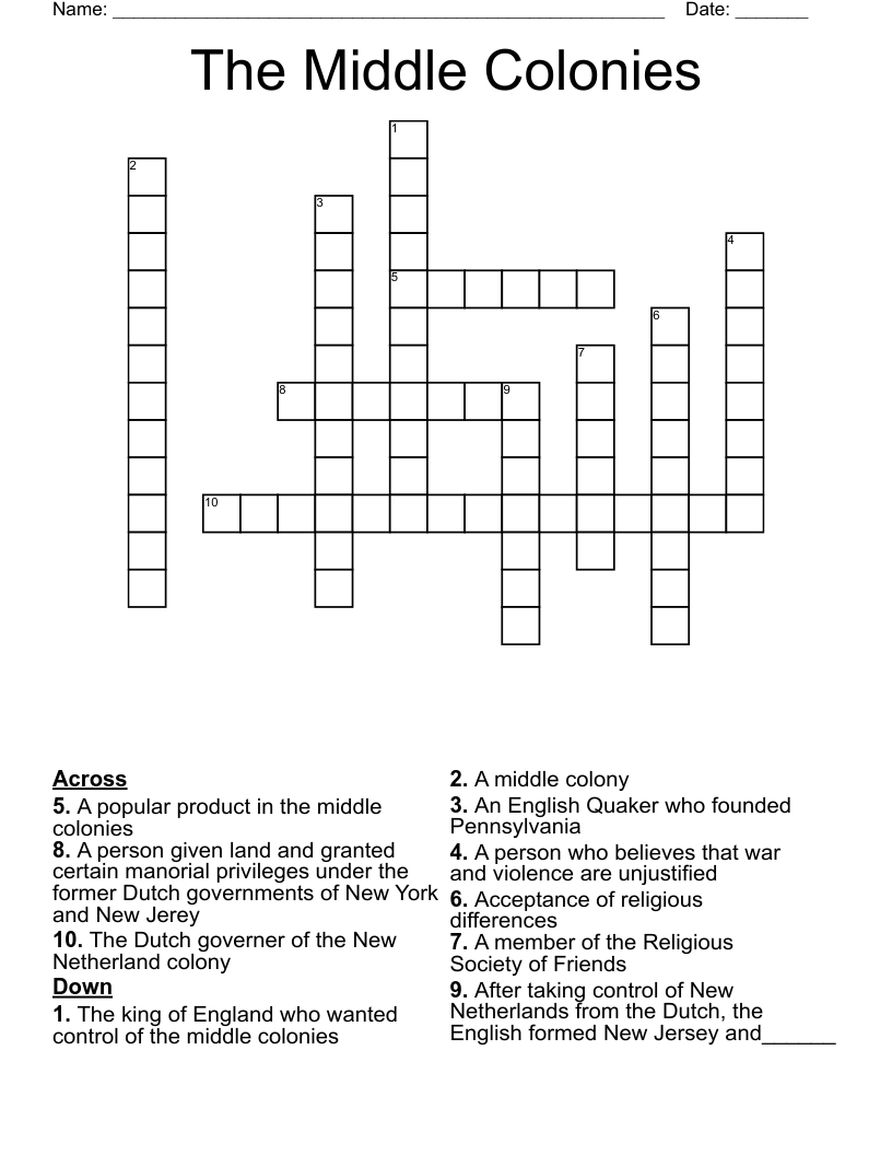 The Middle Colonies Crossword