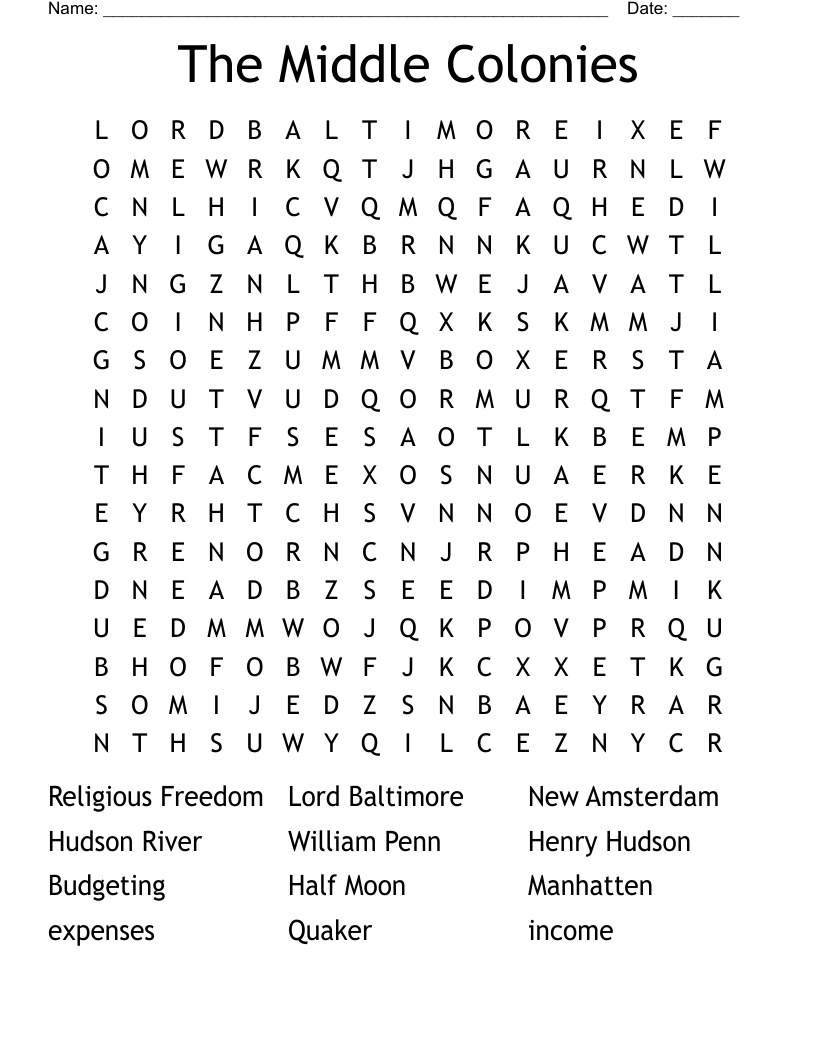The Middle Colonies Word Search