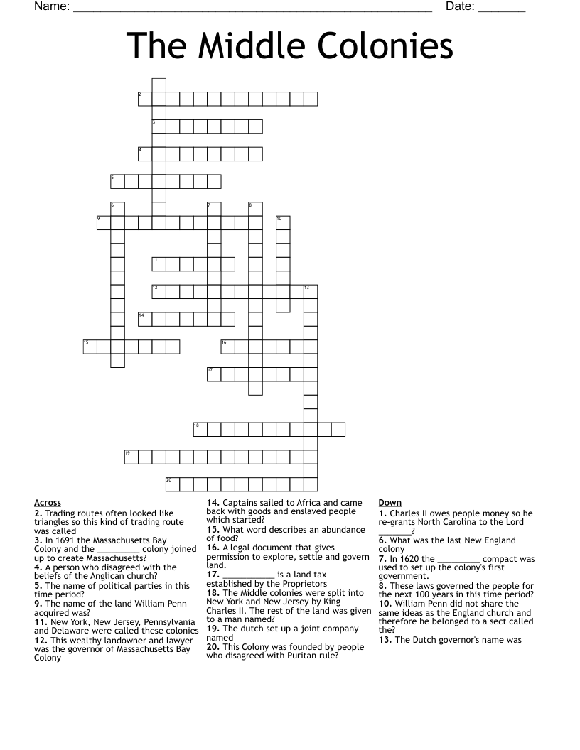 The Middle Colonies Crossword
