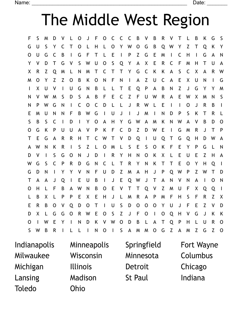 The Middle West Region Word Search