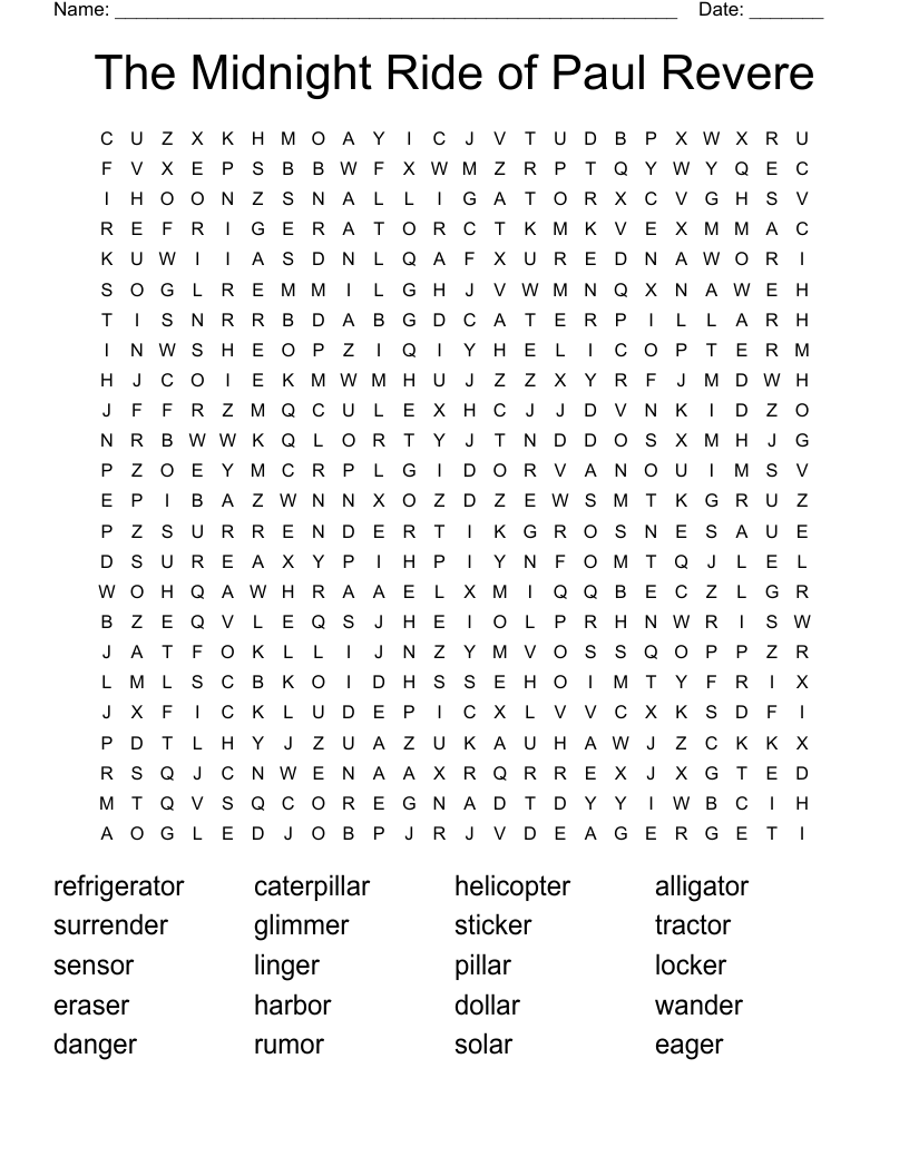 The Midnight Ride of Paul Revere Word Search