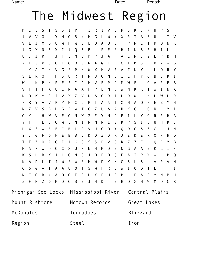The Midwest Region Word Search