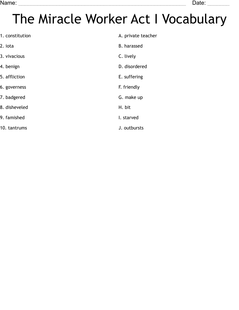 The Miracle Worker Act I Vocabulary Worksheet