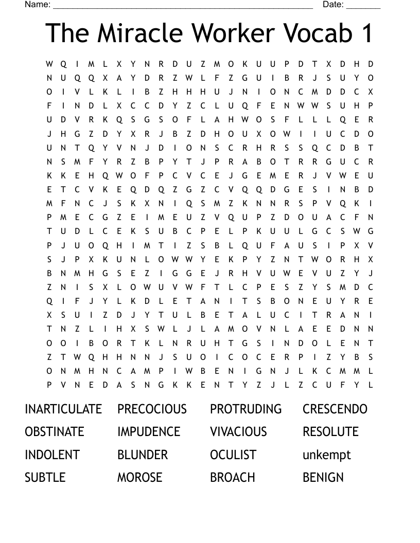 The Miracle Worker Vocab 1 Word Search