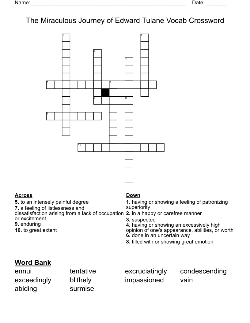 The Miraculous Journey of Edward Tulane Vocab Crossword
