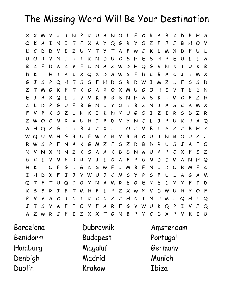 The Missing Word Will Be Your Destination Word Search