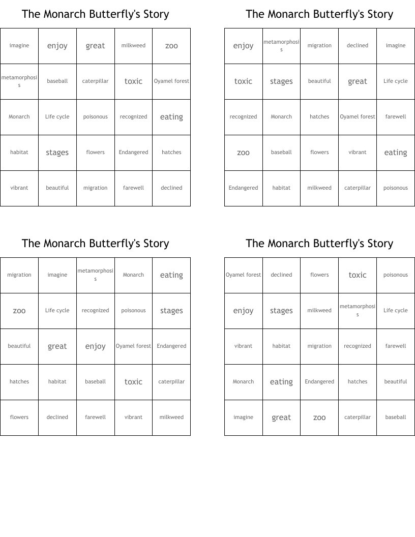 The Monarch Butterfly's Story Bingo Cards
