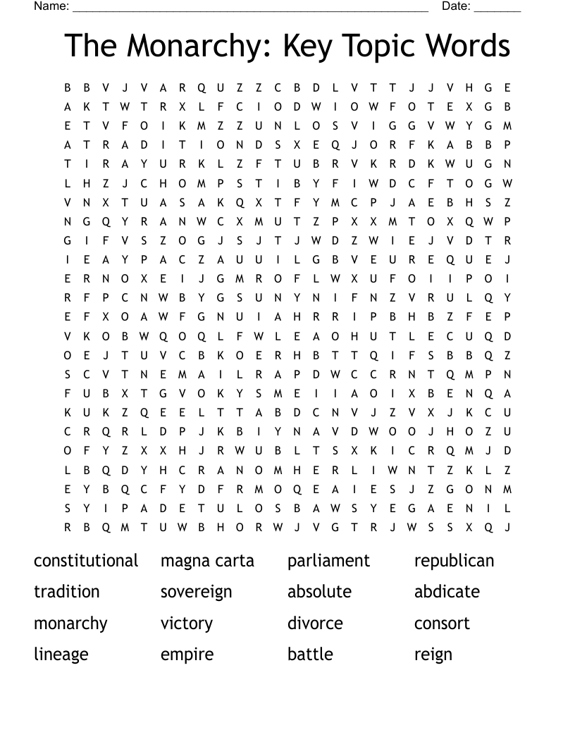 The Monarchy: Key Topic Words  Word Search