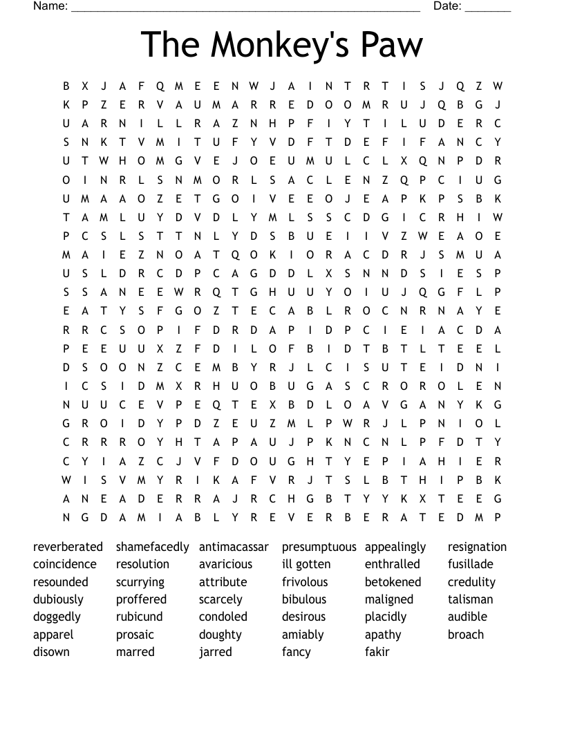 The Monkey's Paw Word Search