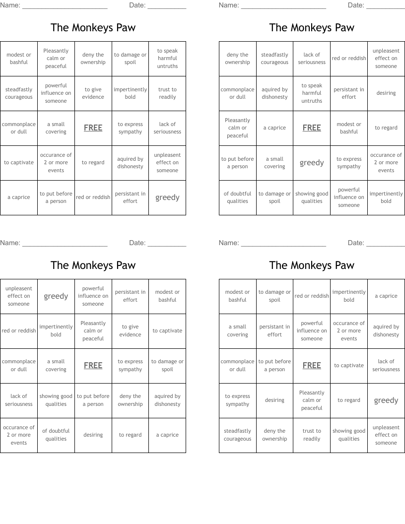 The Monkeys Paw Bingo Cards