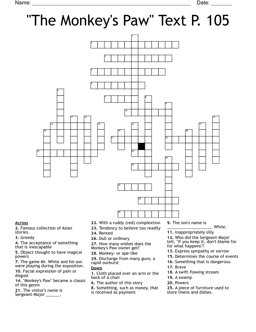 "The Monkey's Paw" Text P. 105 Crossword
