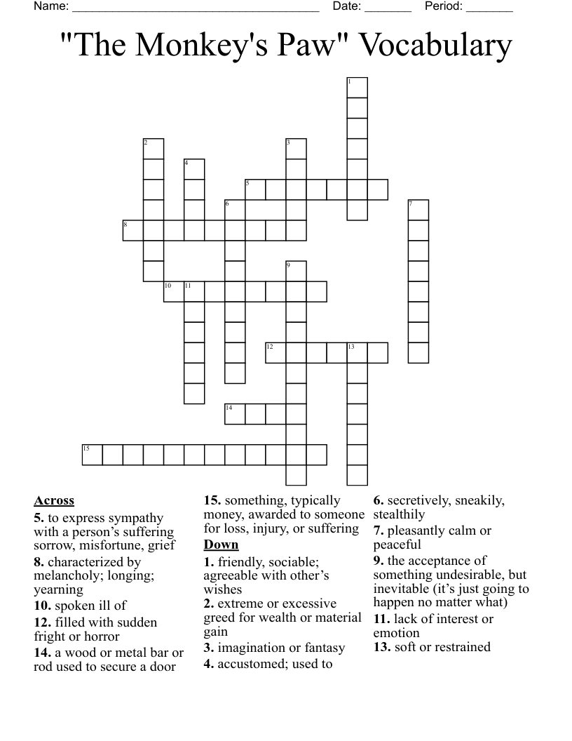 "The Monkey's Paw" Vocabulary Crossword