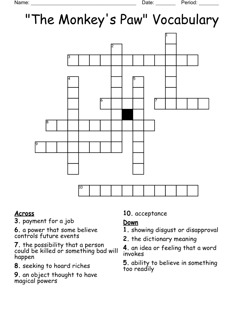 "The Monkey's Paw" Vocabulary Crossword