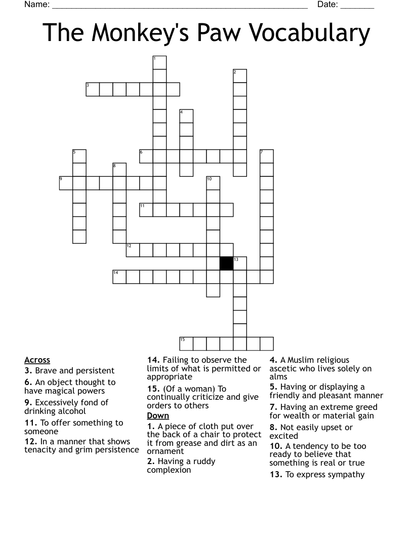 The Monkey's Paw Vocabulary Crossword