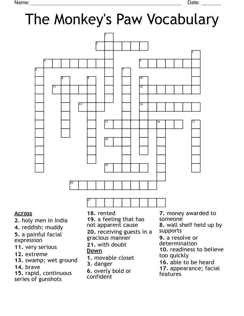 The Monkey's Paw Vocabulary Crossword